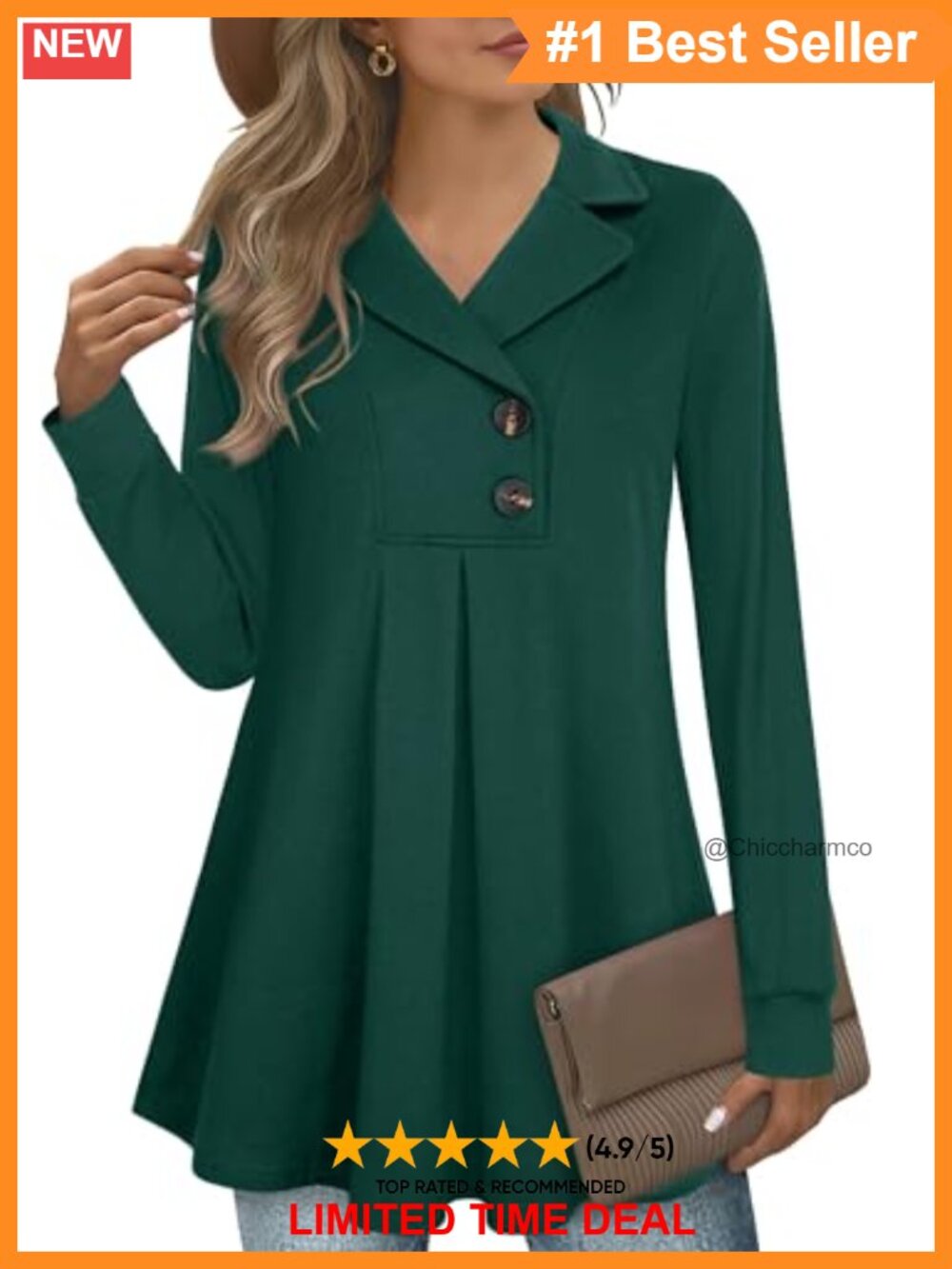 Women's Swing Tunic Notch Collar Button Long Sleeve Pullover Sweatshirt